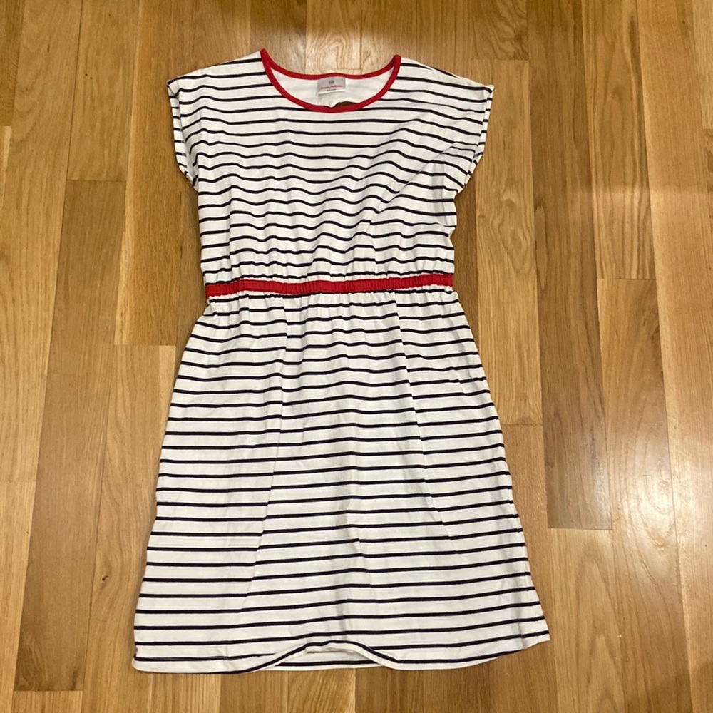 Hanna Andersson navy blue and white striped dress with heart cutout in the back.